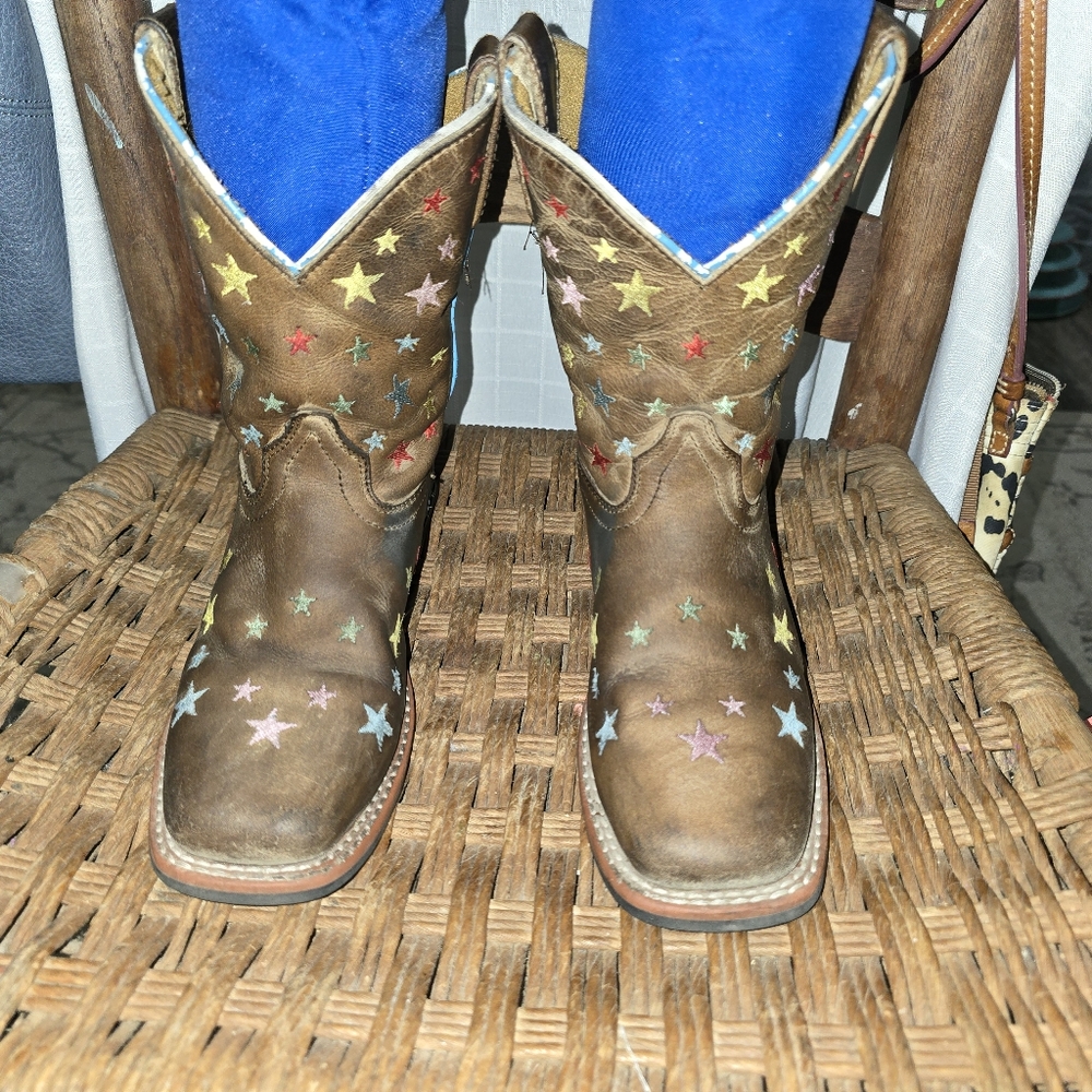 Kids Dan Post‎ Leather Star Cowboy Boots 5-5.5